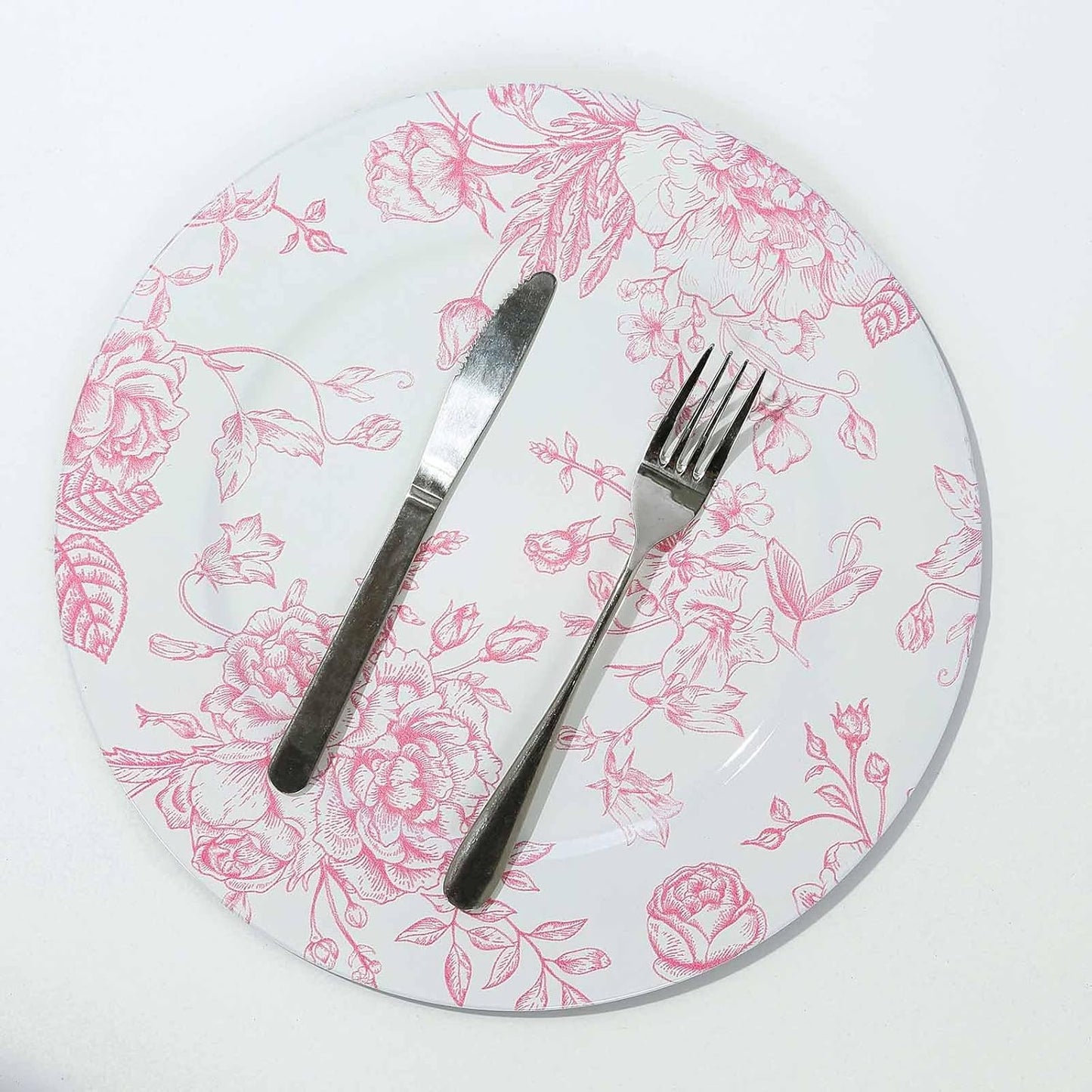 Efavormart 6 Pack White Pink Floral Acrylic Charger Plates in French Toile Pattern, Round Dinner Charger Event Tabletop Decor - 13"