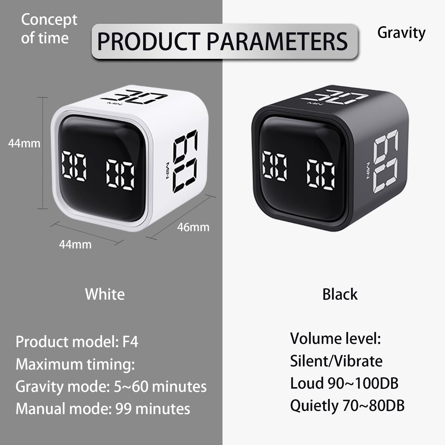 VEWINGL Cube Productivity Timer, 5/10/30/60 Min Presets + Custom Countdown, Silent/Vibrate/Sound Alarm, Pause & Resume, Desk Timer for Work, Study, Tasks, Kitchen