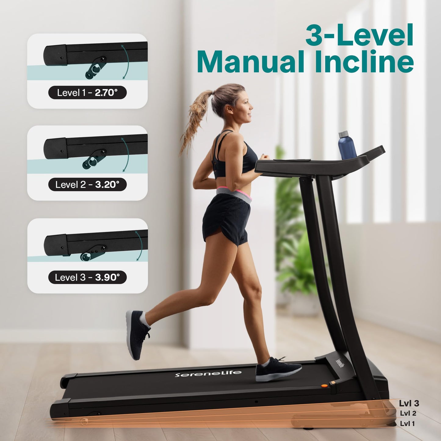 SereneLife Portable Foldable Treadmill with Incline Bluetooth Speakers and Heart Rate Sensors, 12 Preset Workout Programs, 2.0 HP Motor, Shock Absorbing Deck, 0.8-8 MPH Speed, 264 lb Capacity
