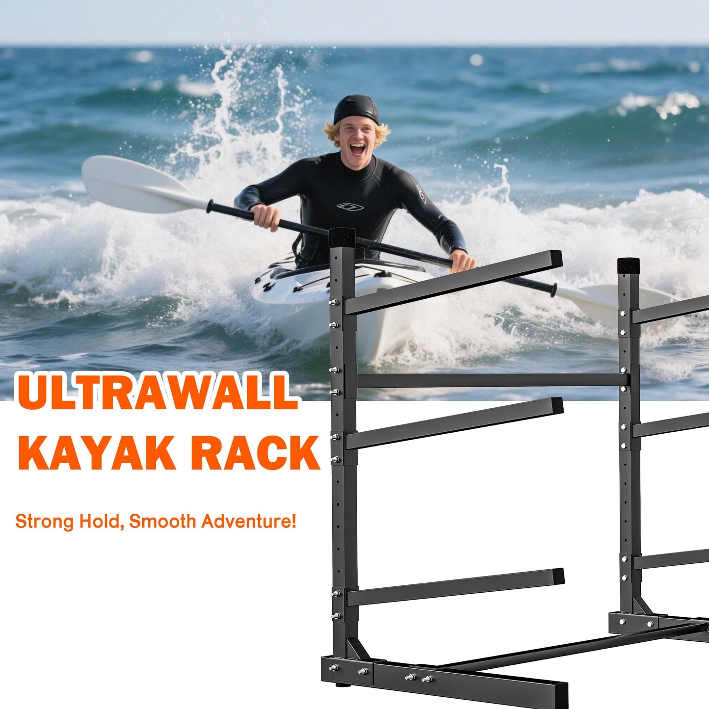 Ultrawall Kayak Storage Rack, Freestanding Kayak Rack for Garage, Adjustable Kayak Stand, Paddle Board Rack for Kayak, Canoe, Surfboard, 480lbs Capacity, Indoor & Outdoor Use, 3 Levels