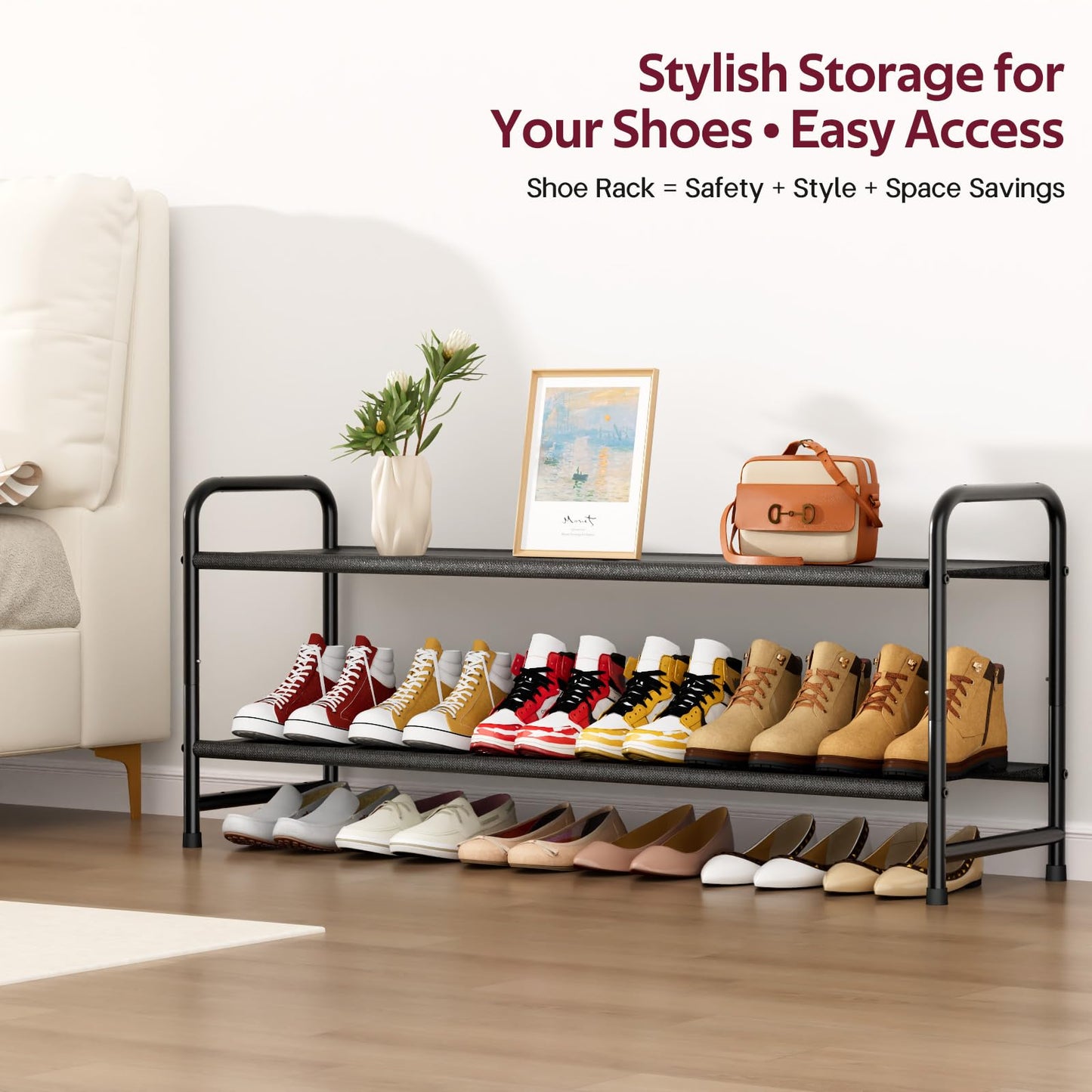 SLEEPING LAMB Long 2-Tier Shoe Organizer for Closet, Stackable Wide Shoe Rack Holds 18-Pairs Low Shoe Shelf Storage for Bedroom, Floor, Entryway(Black)