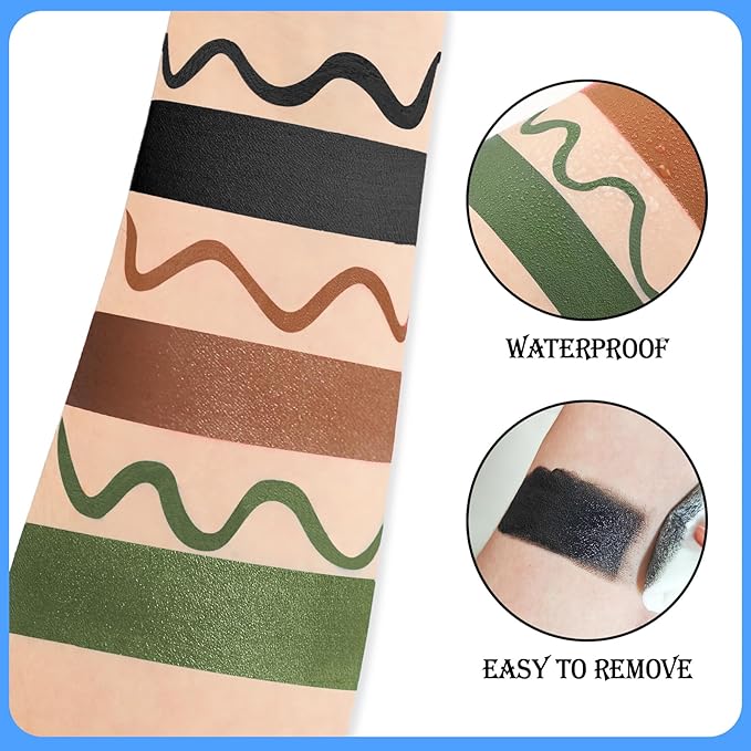 Black Brown Green Face & Body Paint - Blendable Facepaint Foundation with Sponge & Brush for Skin, Professional Halloween Face Make-up Kit for Camo Hunting Army Military Deer Camouflage Dirt Costume