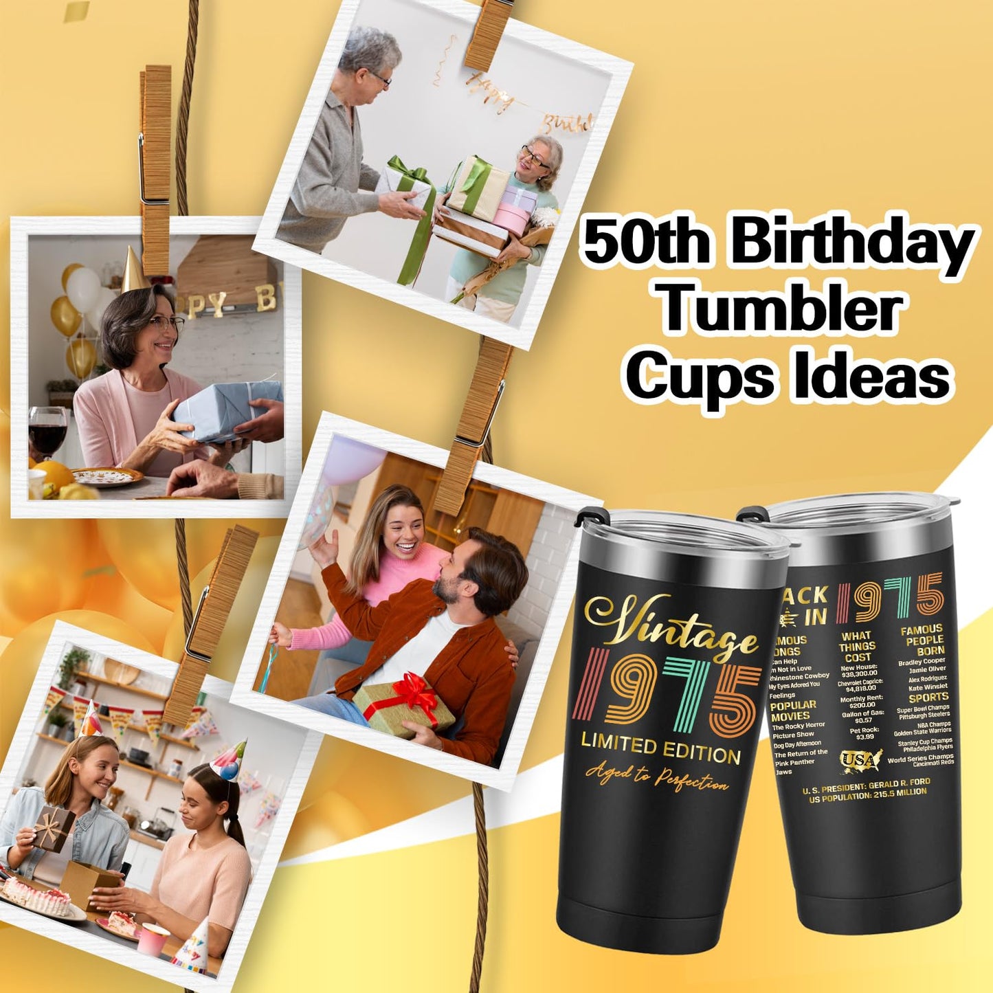 1975 50th Birthday Gift for Women and Men - 50th Gifts for Parents - 50th Class Reunion - Mom Dad Wife Husband Grandpa Grandma Present - 20oz Tumbler Cup Black
