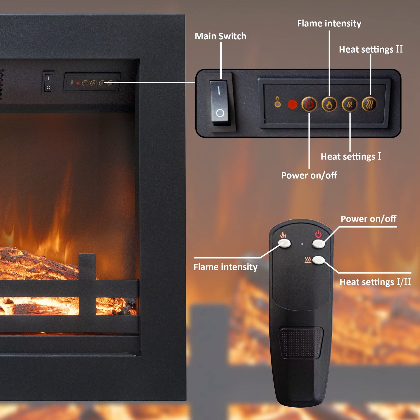 Rodalflame 23.7" W Electric Fireplace Insert with 4 Adjustable Brightness Flames & Overheat Protection, 750/1500W, Black