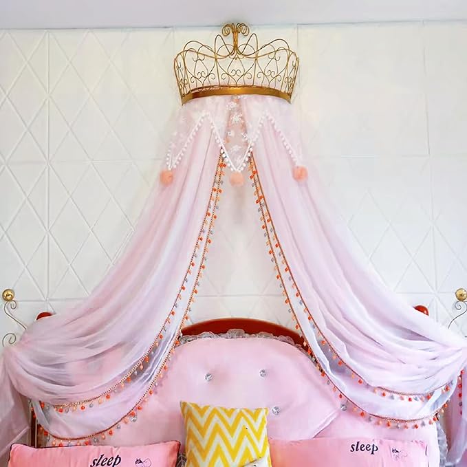 LIANGQIANJIN Bed Canopy for Girls, Princess Bed Canopy with Lights & Elegant Metal Crown, Enhances The Charm of Your Chil...