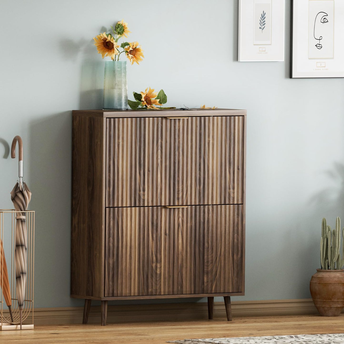 QIVOMIX Shoe Cabinet Storage,Modern Freestanding Organizer with 2 Flip Drawers,Narrow Shoe Rack Cabinet for Entryway,Walnut