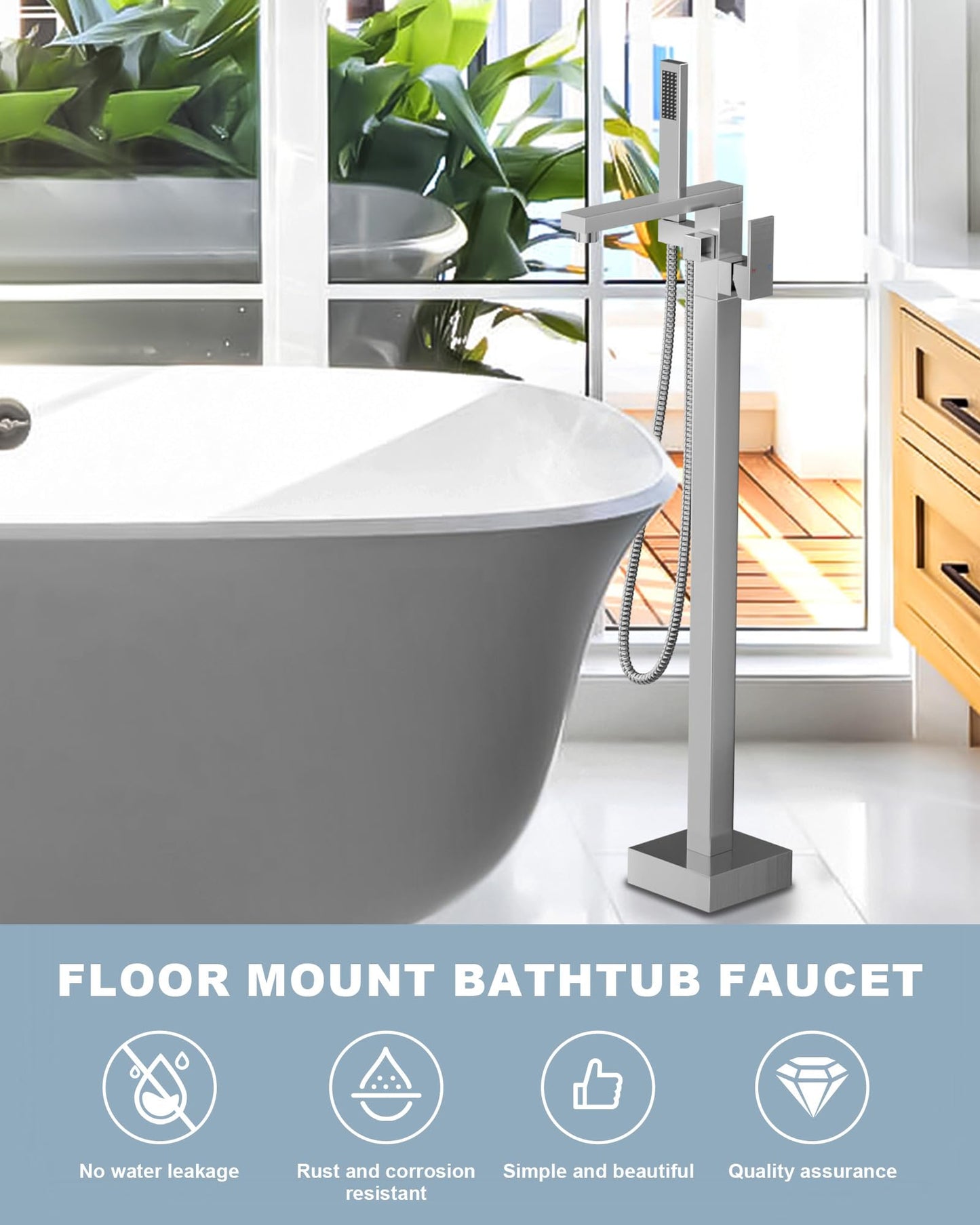 iVIGA Free Standing Tub Faucet Brushed Nickel,Freestanding Bathtub Faucet For Luxury Bathtub,High Flow Tub Filler,Swivel Spout Brass Construction with Handheld Shower