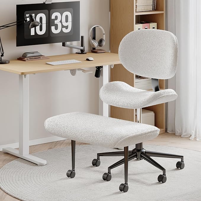 Cross Legged Office Chair with Wheels for ADHD, Ergonomic 360° Swivel Height-Adjustable Meditation Chair for Yoga, Wide Kneeling Chair with Strong Lumbar Support, Teddy Fabric, Off White