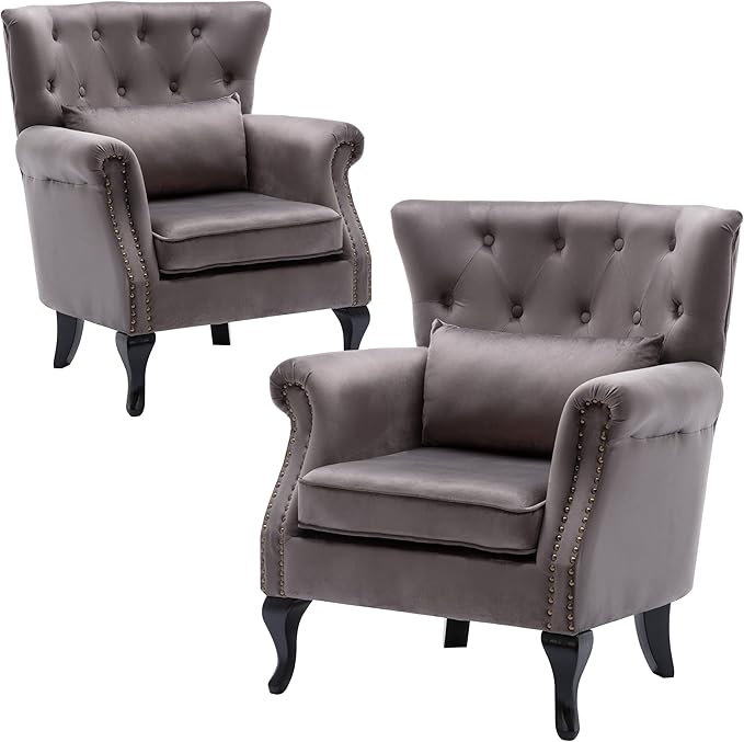 DM Furniture Set of 2 Mid-Century Modern Accent Chair, Velvet Armchair w/Tufted Back/Wood Legs, Upholstered Lounge Arm Chair Single Sofa for Living Room Bedroom, Grey