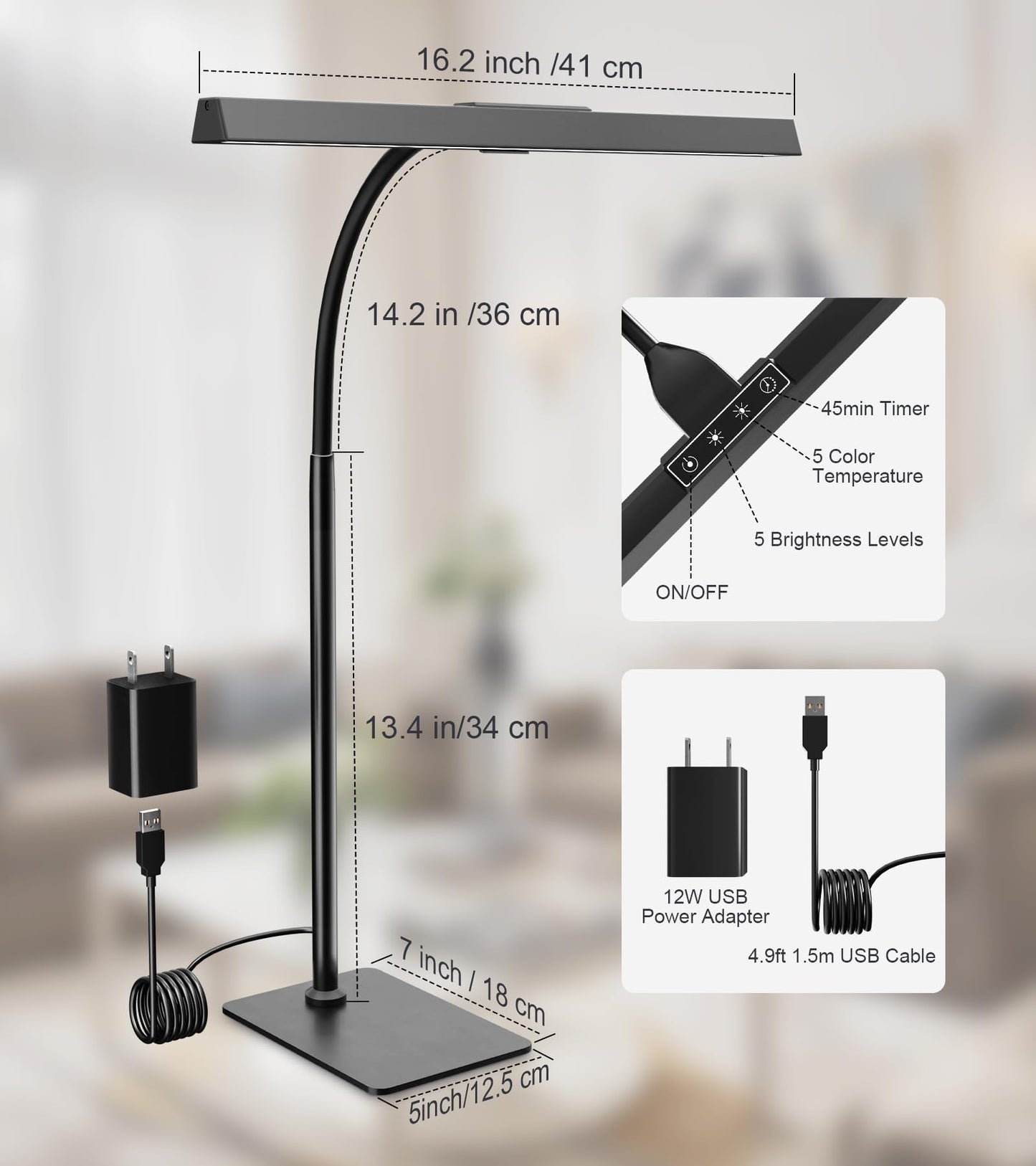 LED Desk Lamp for Home Office with Base, Eye-Caring Architect Task Light with Adjustable Gooseneck 12W USB Adapter Touch Control 5 Dimmable Brightness & Color Tall Lamp for Work,Reading,Craft