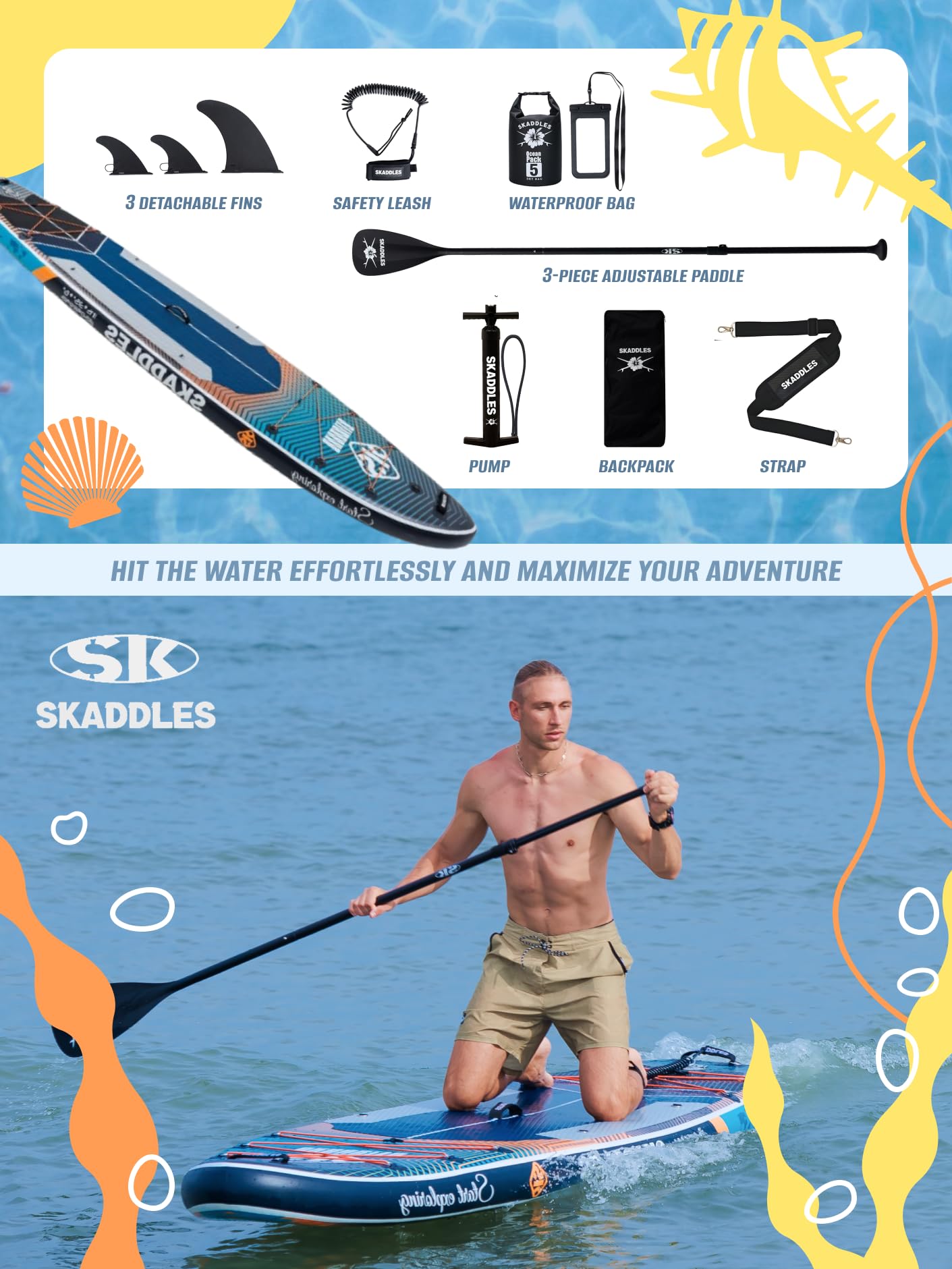 SKADDLES 11’6 × 35" Inflatable SUP–Super Wide, Stable Stand Up Paddle Board for Adults, Youth, Family & Pets, High Weight Capacity, Non-Slip EVA Deck, Premium Accessories (FLASHLINE · Electric Minnow)