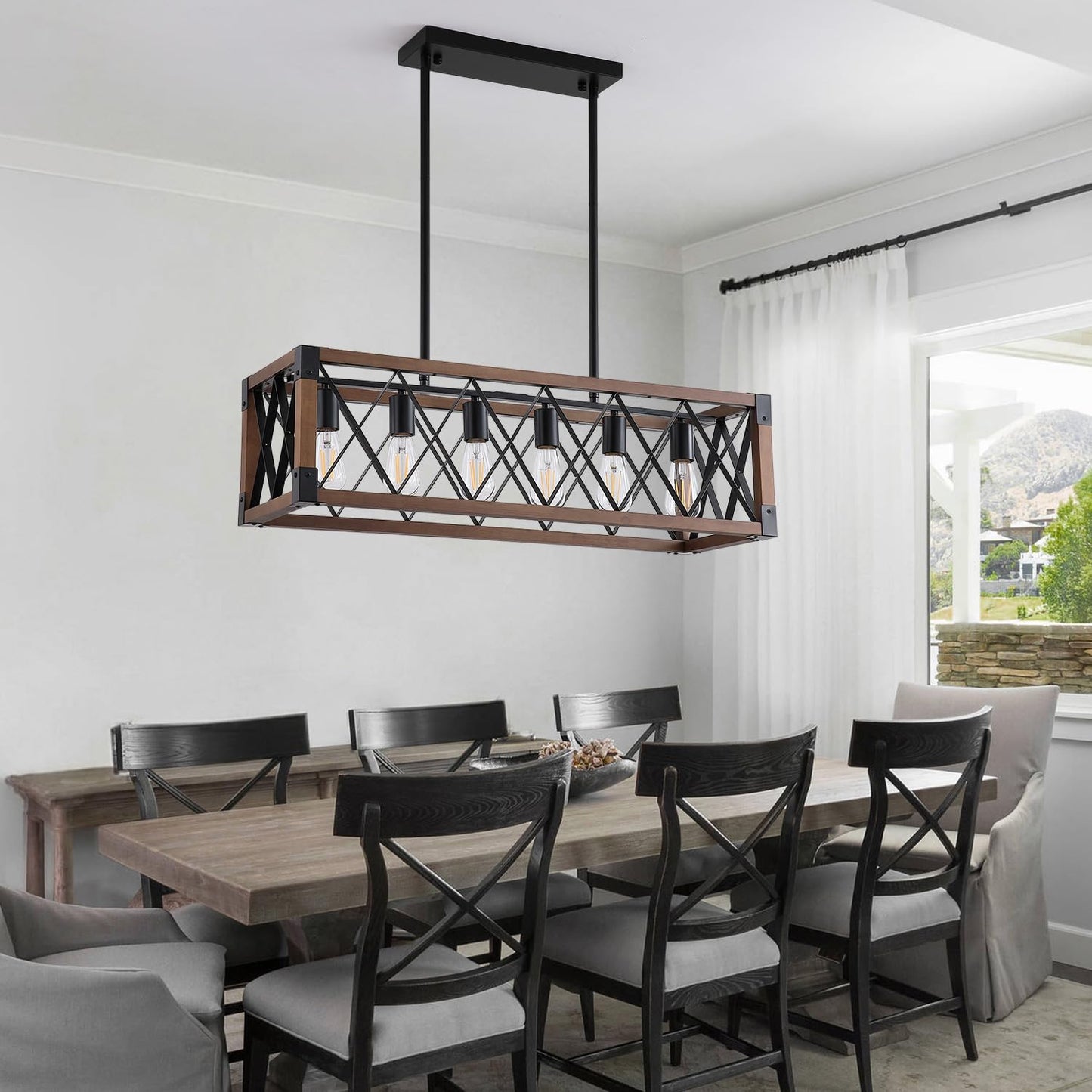 Dining Room Light Fixture/Chandelier Over Table,Matte Black Rustic Wood Ceiling Pendant Light,6-Light Kitchen Island Lighting Fixtures, Linear Farmhouse Chandeliers for Dining Room,Kitchen Island