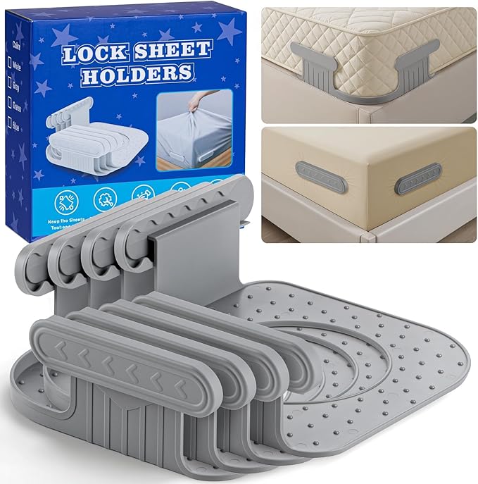Bed Sheet Holders for Corners: 4Pcs Fitted Sheet Holder with Locks, Sheet Clips Fits Mattress, Upgrade Sheet Holders Keep Sheets Firm & Tight, Heavy Duty Sheet Fasteners