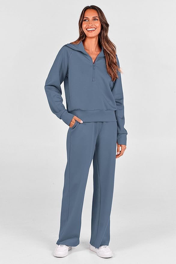 PRETTYGARDEN Women's 2 Piece Outfits Casual Lapel Half Zip Sweatshirts and Wide Leg Pants Tracksuit Sets