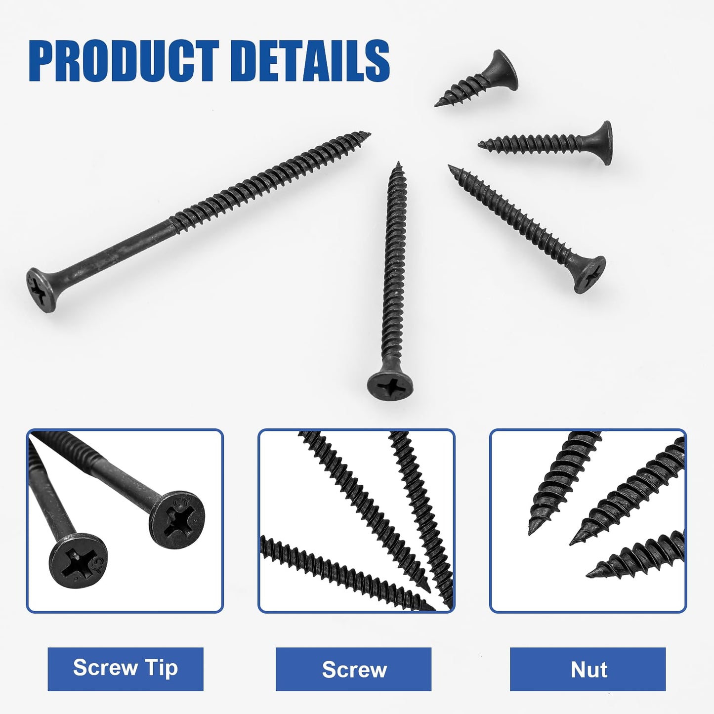 FVOLREM Wood Screws Assortment Kit, 168 PCS, High Hardness Phillips Drive Screws Set, Black Flat Head Wood Screws, Carbon Steel, 5 Sizes, Self-Tapping Screws for Wood, Drywall, Slate