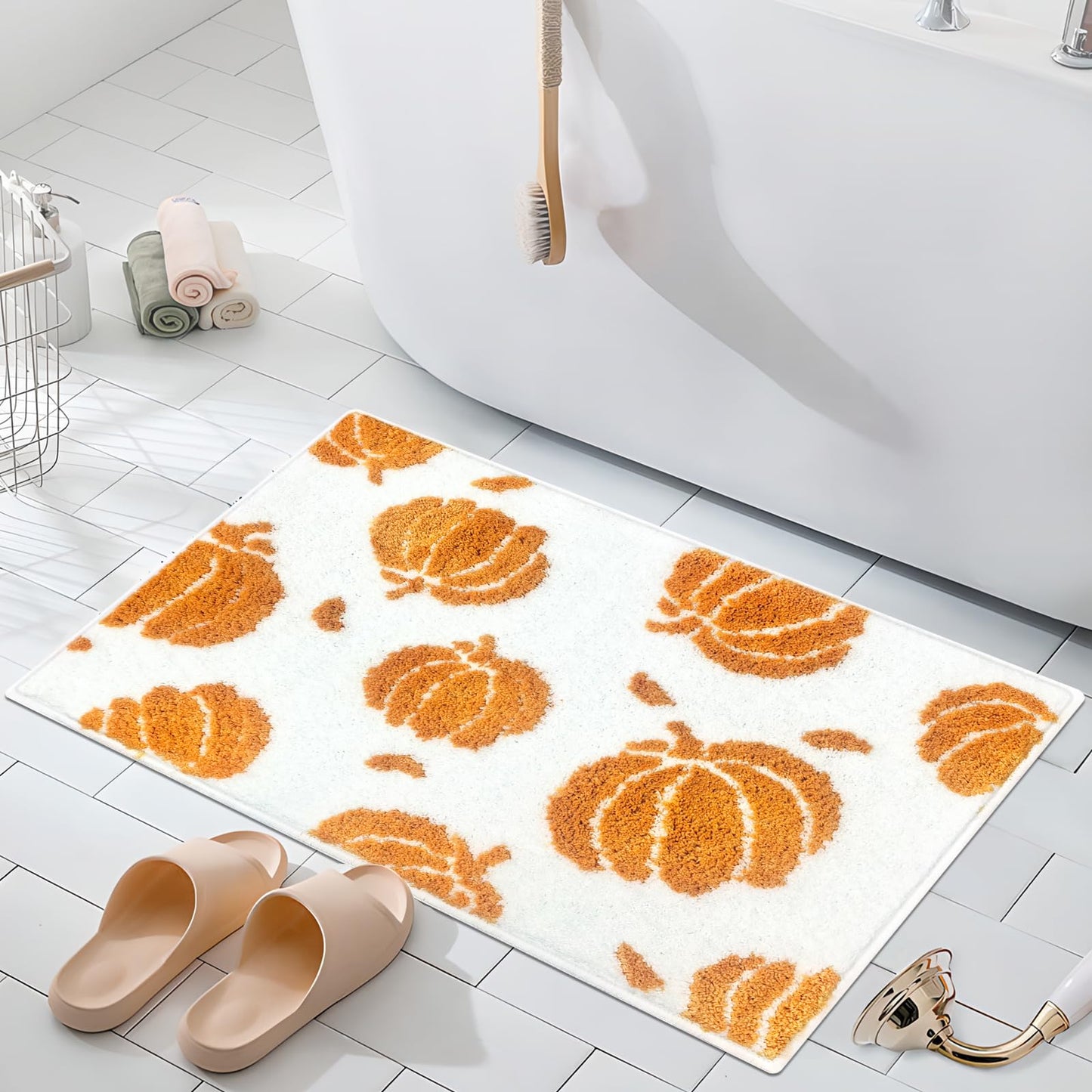 APROPHIC Fall Pumpkin Bath Mats for Bathroom, Thanksgving Super Absorbent Non-Slip Microfiber Shaggy Bath Rugs, Autumn Bathroom Mat for Shower, Tub, Sink, Decor, Machine Washable, 17x24 in, Orange