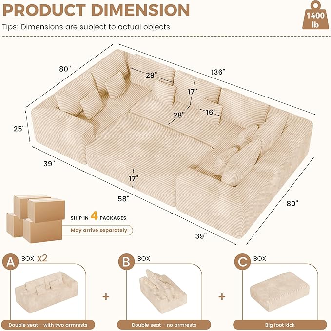136'' Large Sectional Cloud Couches with Chaise, U Shaped Boneless Sofa Bed with Ottoman, No Assembly Required Deep Seat Modular Lounge for Living Room 4PCS Set, Bedroom(Khaki)
