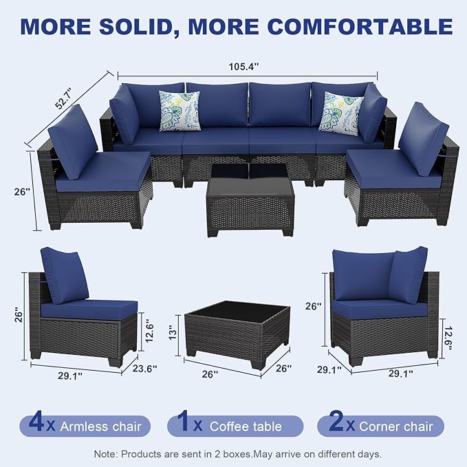 Ophelian 7 Pieces Outdoor Conversation Sectional Rattan Sofa, Patio Furniture Set, with Wicker and Cushions for Garden and Backyard, (Brown/Deep Blue)