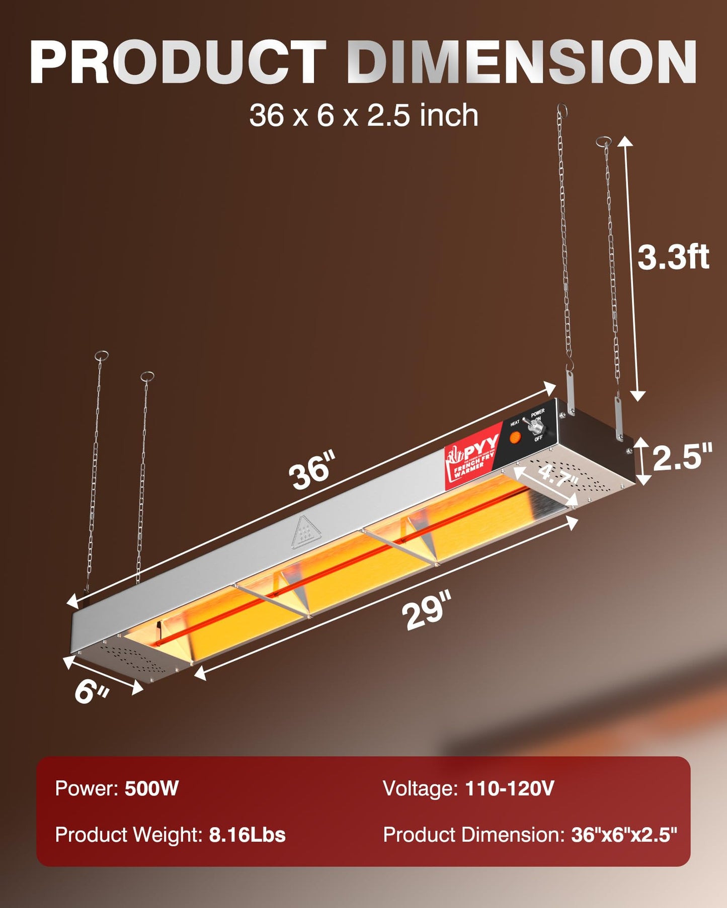 PYY Food Heat Lamp Strip - 36 Inch Commercial Food Warmer Lamp, 500W Hanging Stainless Steel Electric Strip Heater for Restaurants & Kitchens