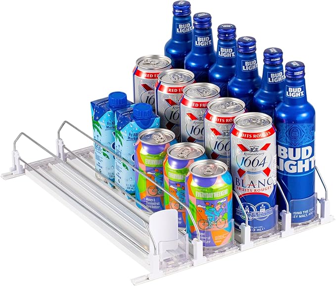 RULA Drink Organizer for Fridge, Self-Pushing Soda Can Dispenser for Refrigerator, Width Adjustable Water Bottle Pusher Gl...
