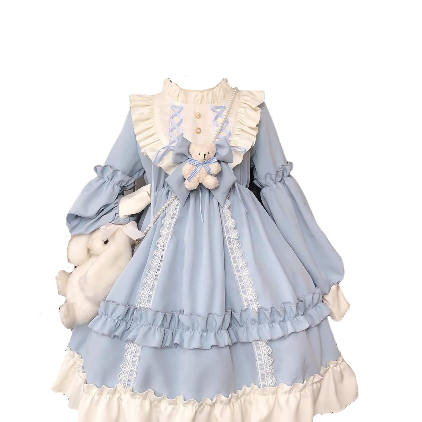 Qusuxi Girls Lolita Princess Dress Kawaii Long Sleeve Chiffon Skirt Cute Girl Dress (Sky Blue)