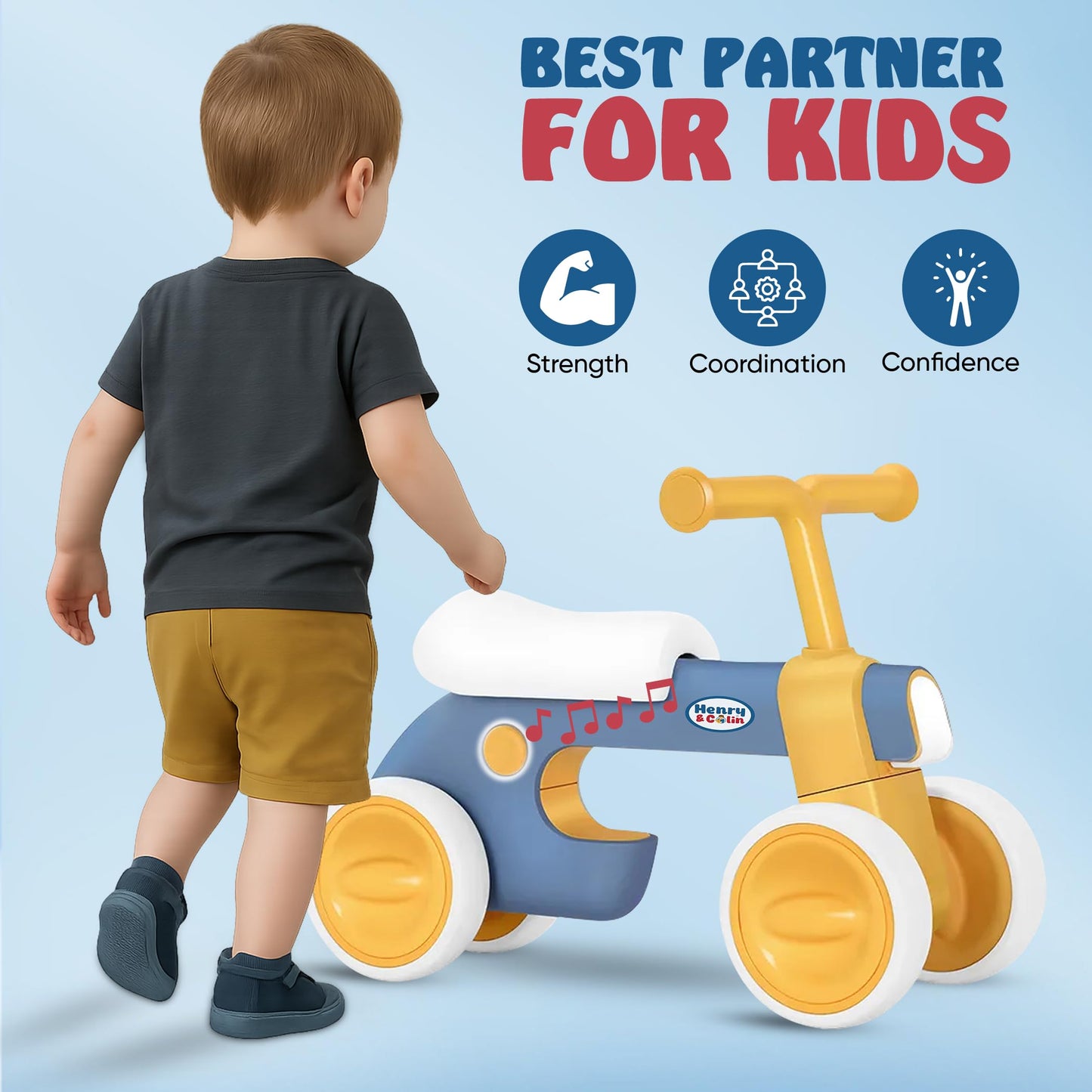 Henry & Colin Baby Balance Bike for Kids - No Pedal 4 Silence Wheels & Soft Seat First Bike, Toddler Walker for Boys & Girls, with Light, Music for 1-3 Year Olds (Blue)