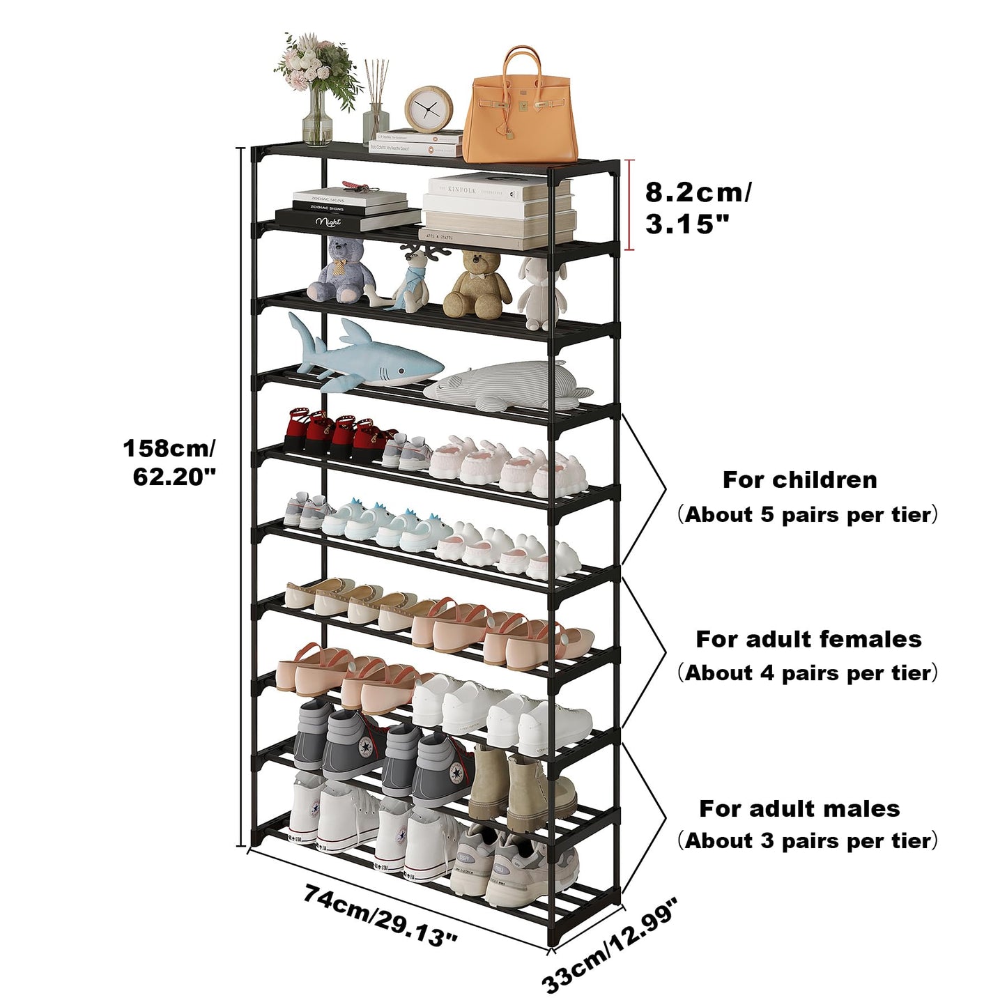 Calmootey 10-Tier Shoe Rack, Tall Large Capacity 50 Pairs Shoes Storage Organizer, Stackable Wide Shoe Shelf for Entryway, Hallway, Black