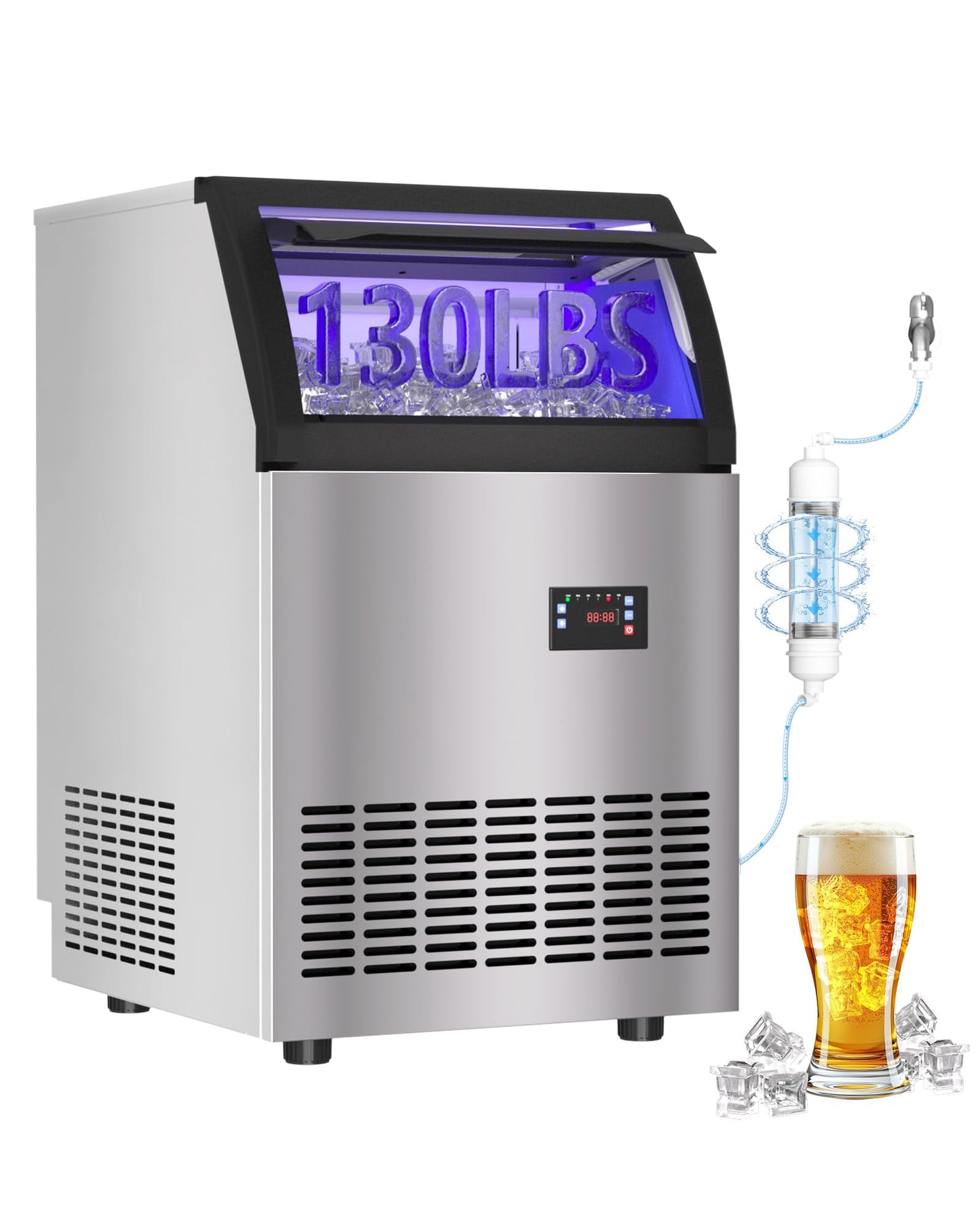 Quyndor Commercial Spray Drench Ice Maker Machine 130 Lbs/Day, Undercounter Ice Makers 100Lbs Storage Bin and 45 Ice Trays, Under Counter ice Maker for Home, Bar, Party