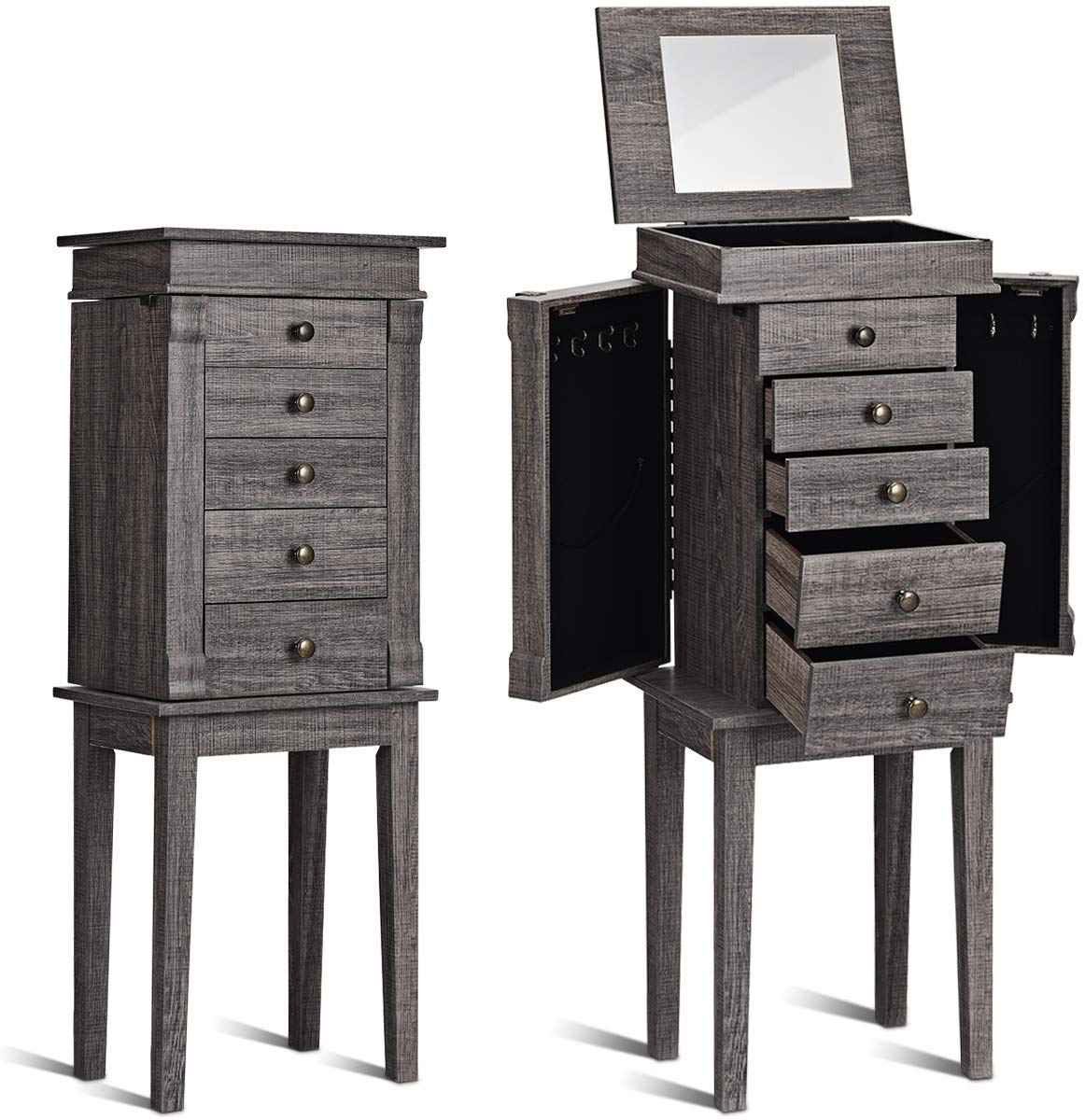HOMGX 5 Drawers Jewelry Armoire Cabinet, Standing Jewelry Storage Chest with Mirror, 8 Necklace Hooks Wooden Jewelry Organizer, Bedroom Jewelry Furniture with 2 Side Swing Doors, Grey