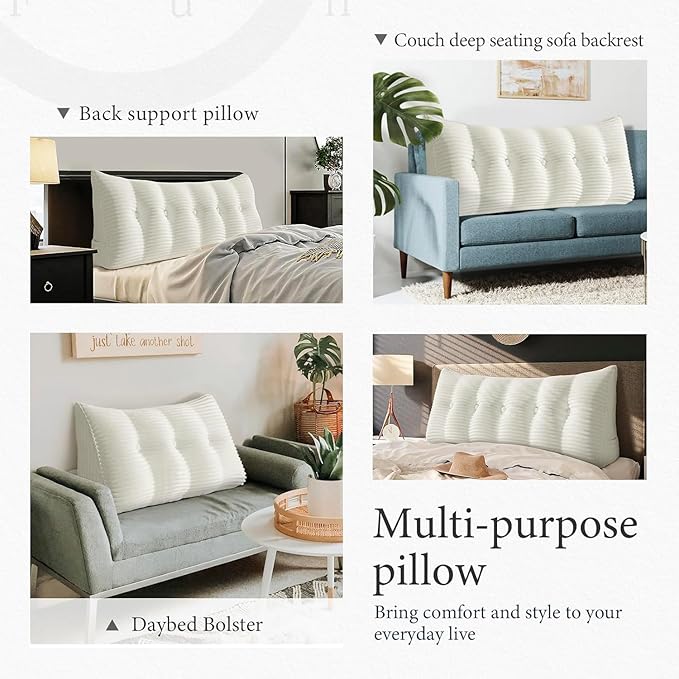 Wedge Headboard Pillow Dorm Room Reading Pillow Back Support for Sitting Up in Bed Bolster Lumbar Cushion Body Positioning Bedrest Corduroy (White, King (76 * 8 * 20in))