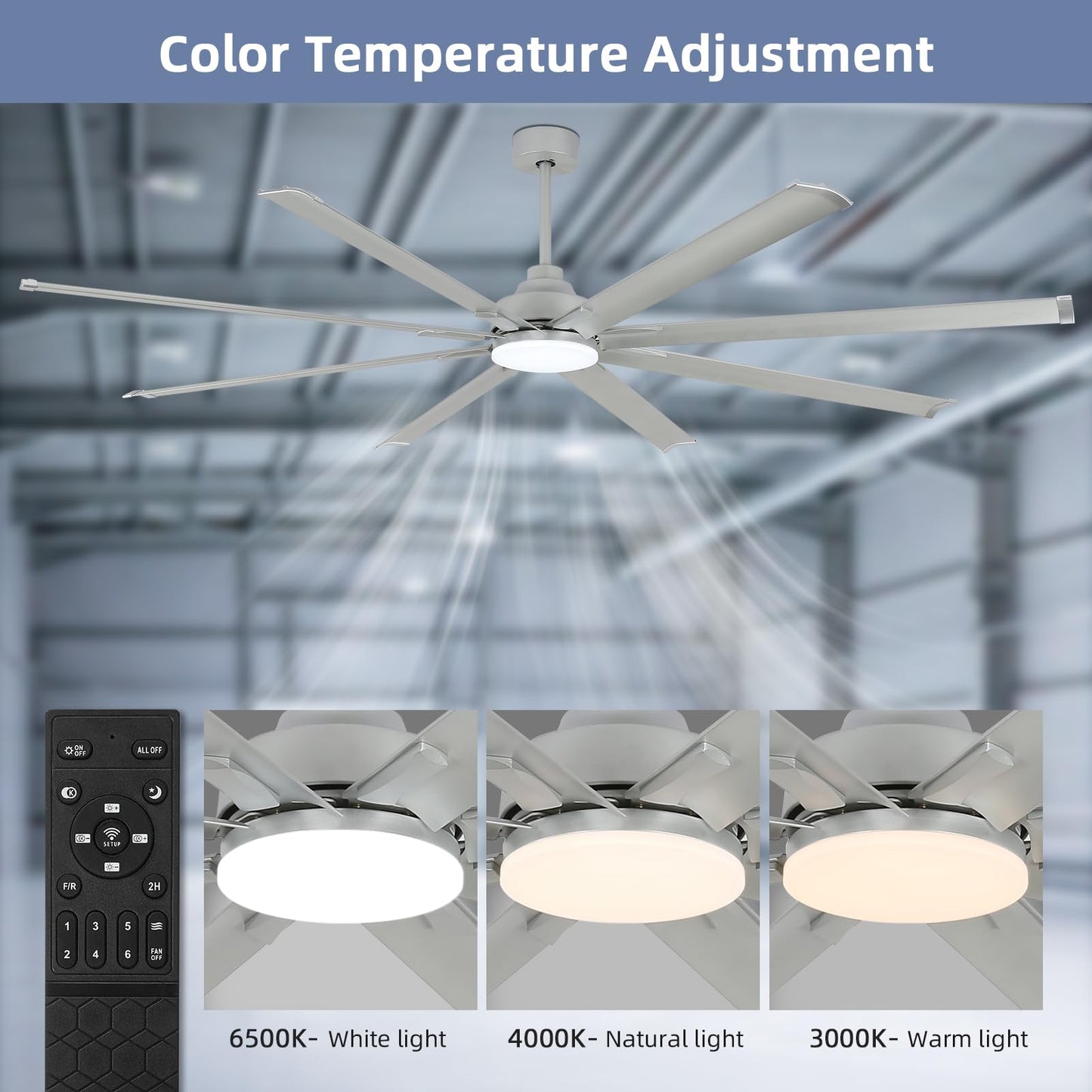 Yyehon 96 Inch Ceiling Fan With Light And Remote Control,Industrial Large Ceiling Fans With 8 Aluminum Blades, Silver,3Cct,Comme
