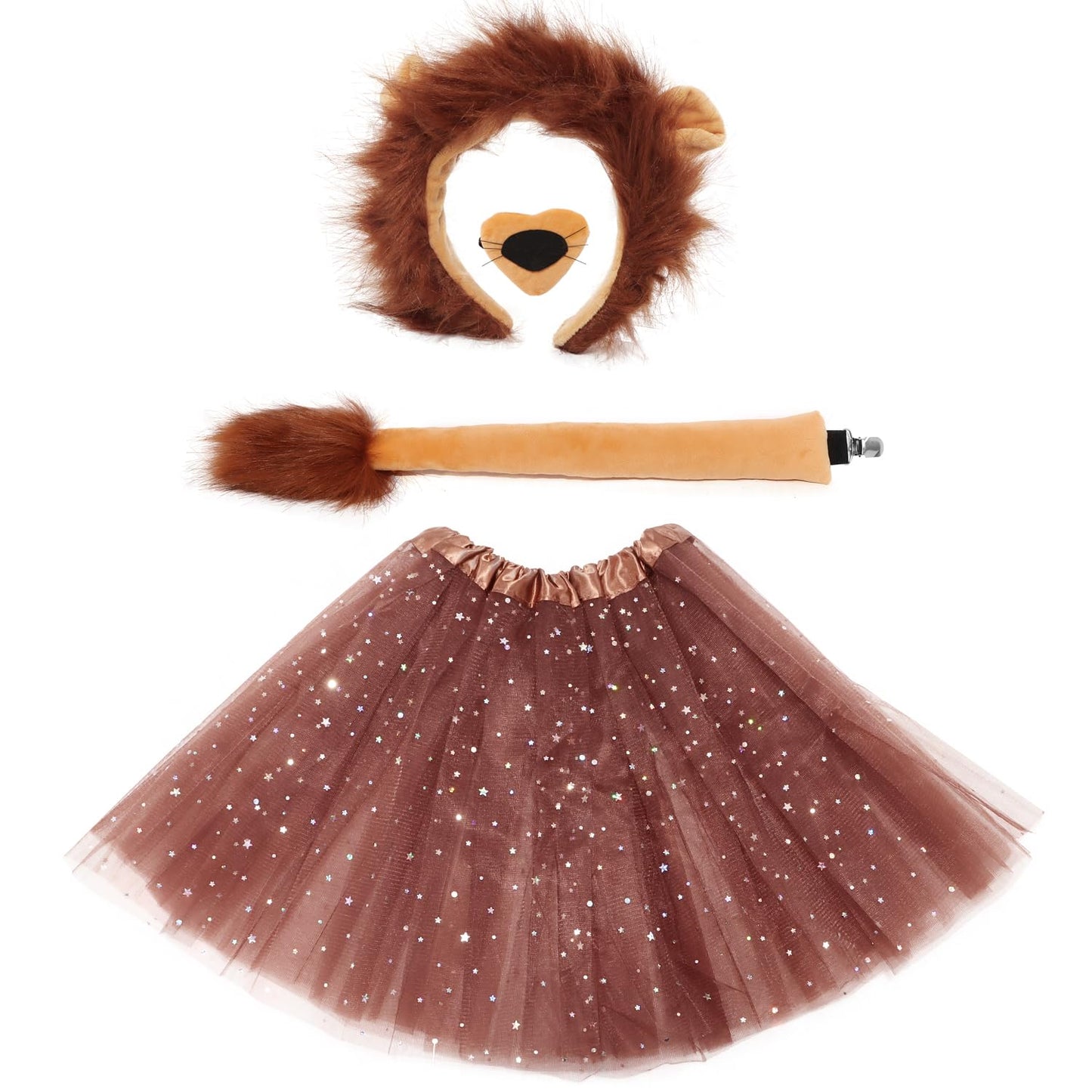 Luxtacular 4 Pcs Lion Costume Set Lion Ears Headband Nose Tail Tutu for Women Men Halloween Costume Accessories Cosplay Party