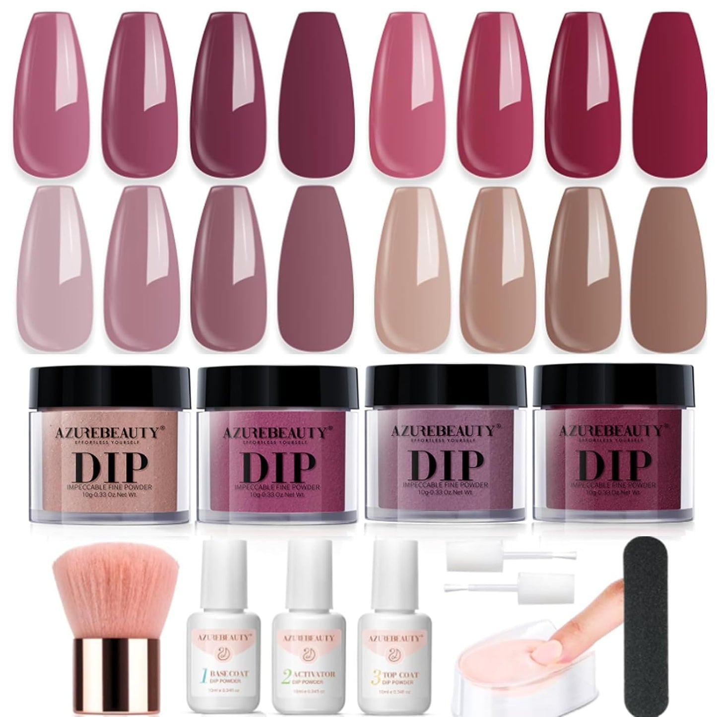 4 Colors Dip Nails Powder Kit, AZUREBEAUTY Fall Winter Brown Purple Dipping Powder Starter Set with Base & Top Coat Activator Recycling Tray for French Nail Art Manicure Salon DIY at Home