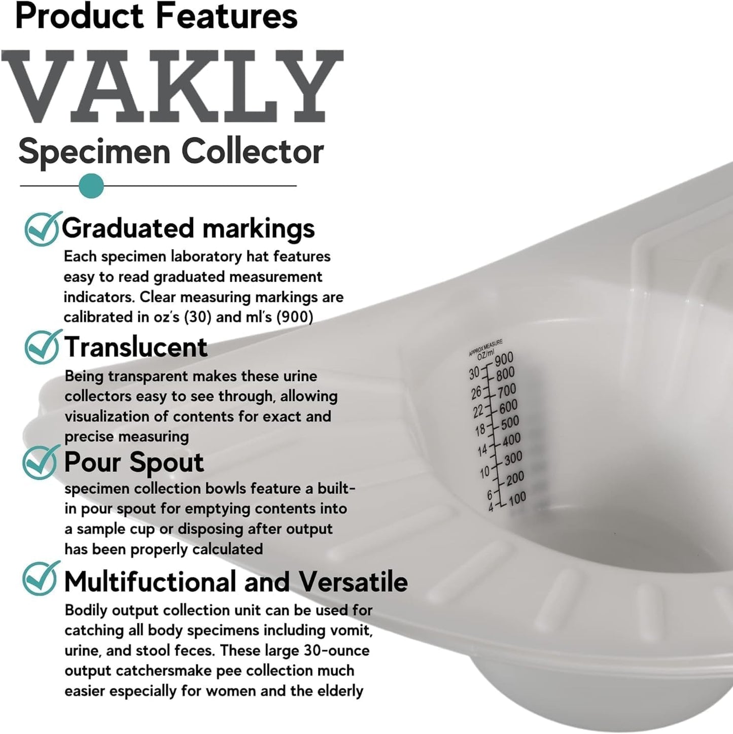 Vakly Graduated Specimen Collector Pans [Pack of 1] Toilet Nursing Hat for Urine, Vomit & Stool Collection Fits Over Toilets and Commodes - 30 oz for Women and Elderly