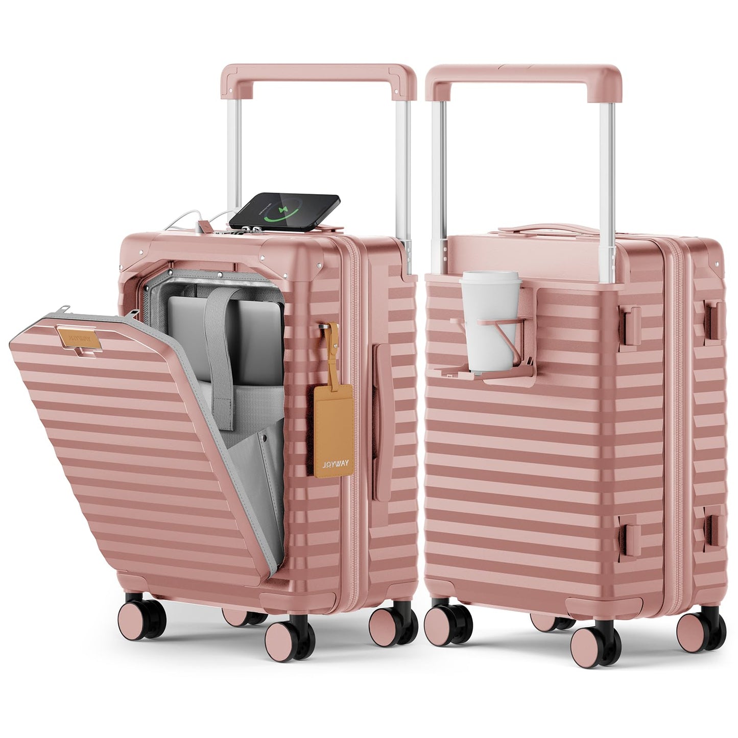 Joyway 20 Inch Carry on Luggage with Front Pocket, PC Hardshell Carry-on Suitcase with USB Port and Cup Holder, 21.5x14.2x9 Airline Approved, Luggage with Spinner Wheels and TSA Lock (Rosa Gold)