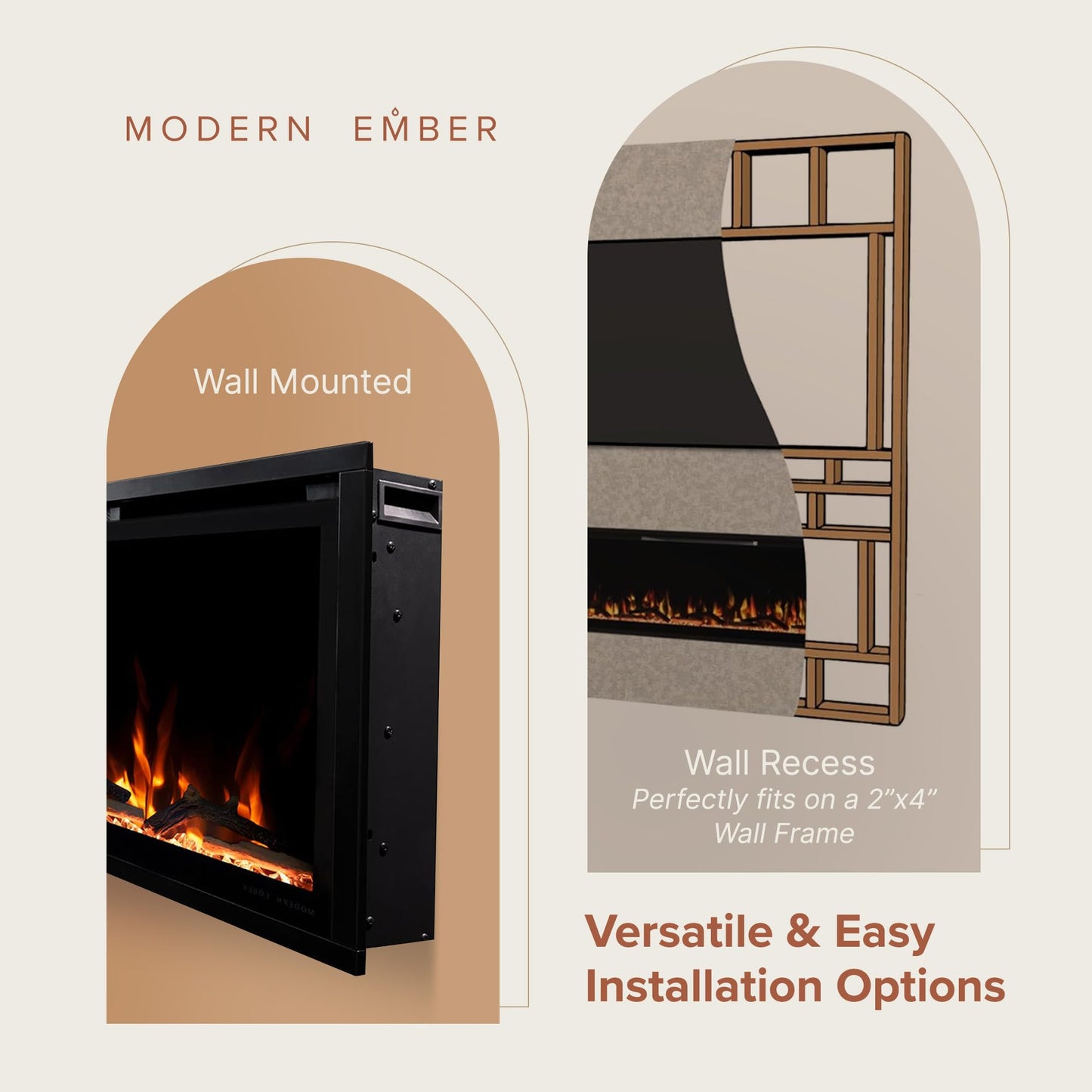 Modern Ember Aerus Slim 42 Inch Smart Linear Electric Fireplace | Recessed in-Wall or Wall-Mount | LED Multiple Flame Colors | Alexa/WiFi Enabled | 4.25” Profile | Remote Included
