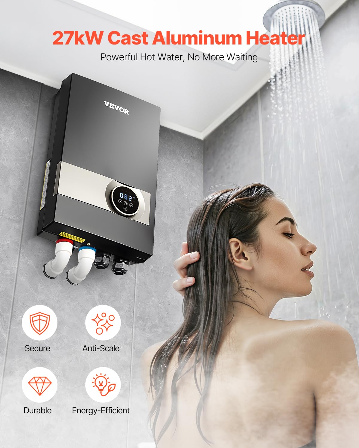 VEVOR Tankless Water Heater Electric, 27KW 240V Black Instant Water Heater, LCD Touch Screen, Digital Temperature Display, Child Security Lock, On Demand for Bathroom, Kitchen, Shower, Mall, Salon