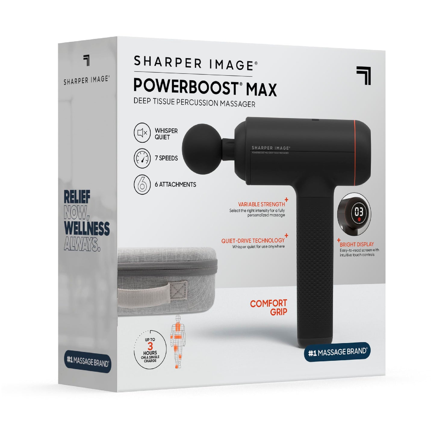 Sharper Image PowerBoost Max Massage Gun | Anti-Stall Deep Tissue Percussion Massager | 7 Speeds | Workout Muscle Recovery | Pain Relief | Back Shoulder Massager | Massage Tool | Gifts for Men Women