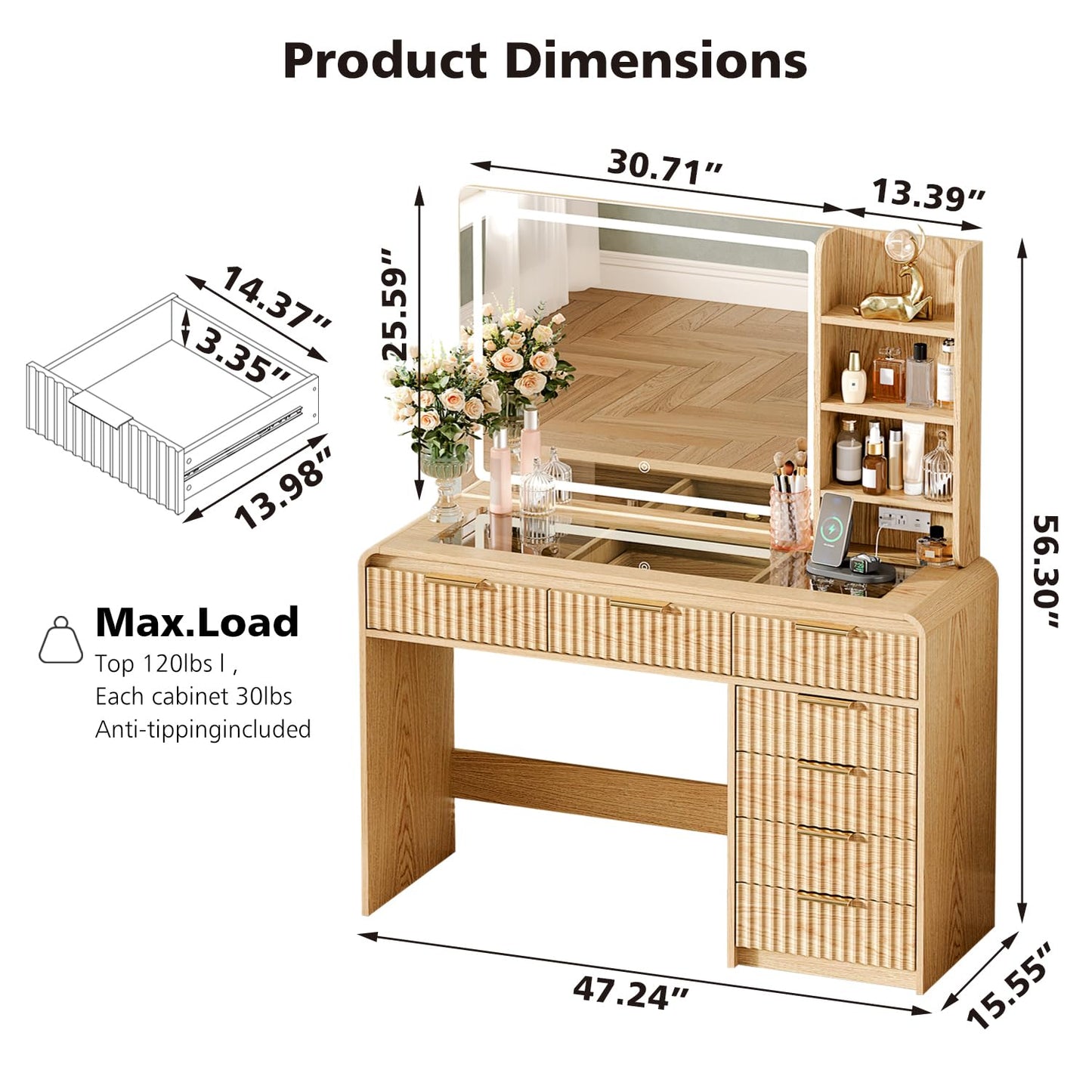 47“Makeup Vanity Desk with Mirror and Lights, Vanity Desk with 7 Drawers & Storage Shelves, Vanity Table with Power Outlet, 3 Color Modes & Adjustable Brightness Dressing Table, Bedroom,Wood