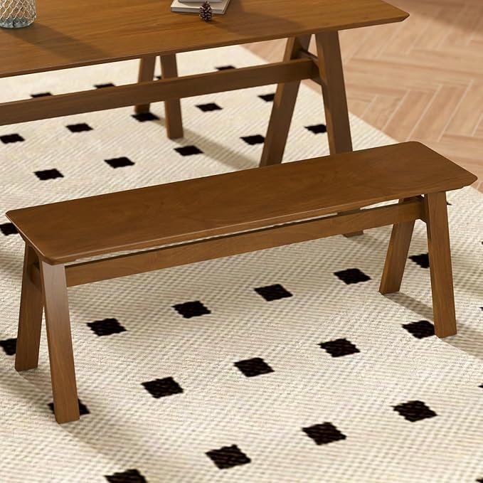 DUOMAY Solid Wood Long Dining Bench, 47" Wide Farmhouse Bench with A-Shaped Legs Mid Century Modern Entryway Bench Shoe Bench for Hallway End of Bed, Walnut Color