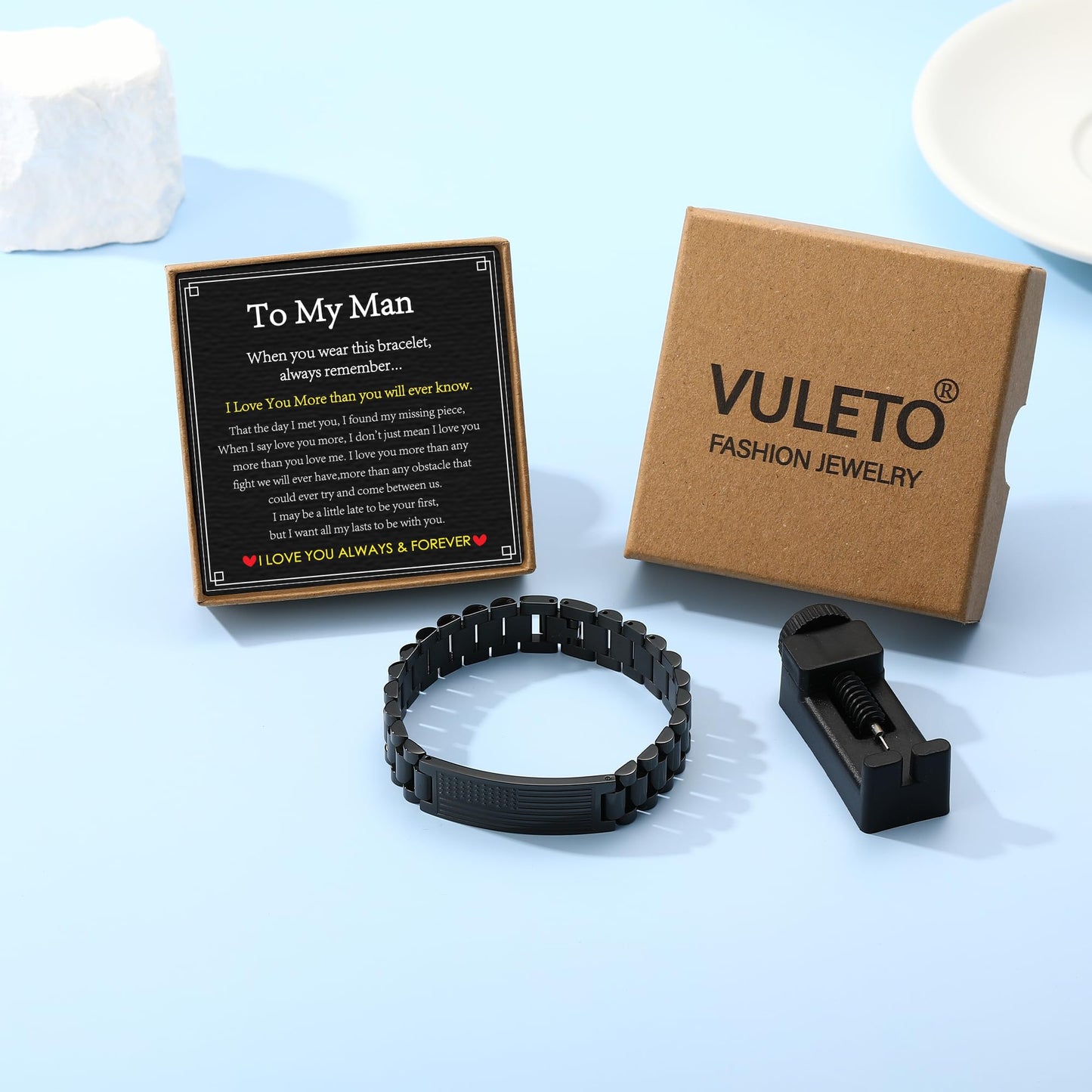 VULETO To My Man Bracelet Gifts for Men, Stainless Steel Watch American Link Bracelet Valentines Fathers Birthday Anniversary Jewelry Mens Gifts Presents for Husband Boyfriend Men Him Male from Wife Girlfriend 4th of July