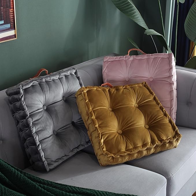 vctops Square Solid Color Velvet Seat Cushion with Handle Tufted Thicken Chair Pad Tatami Floor Pillow Cushion 16.5"x16.5"x4" Pink
