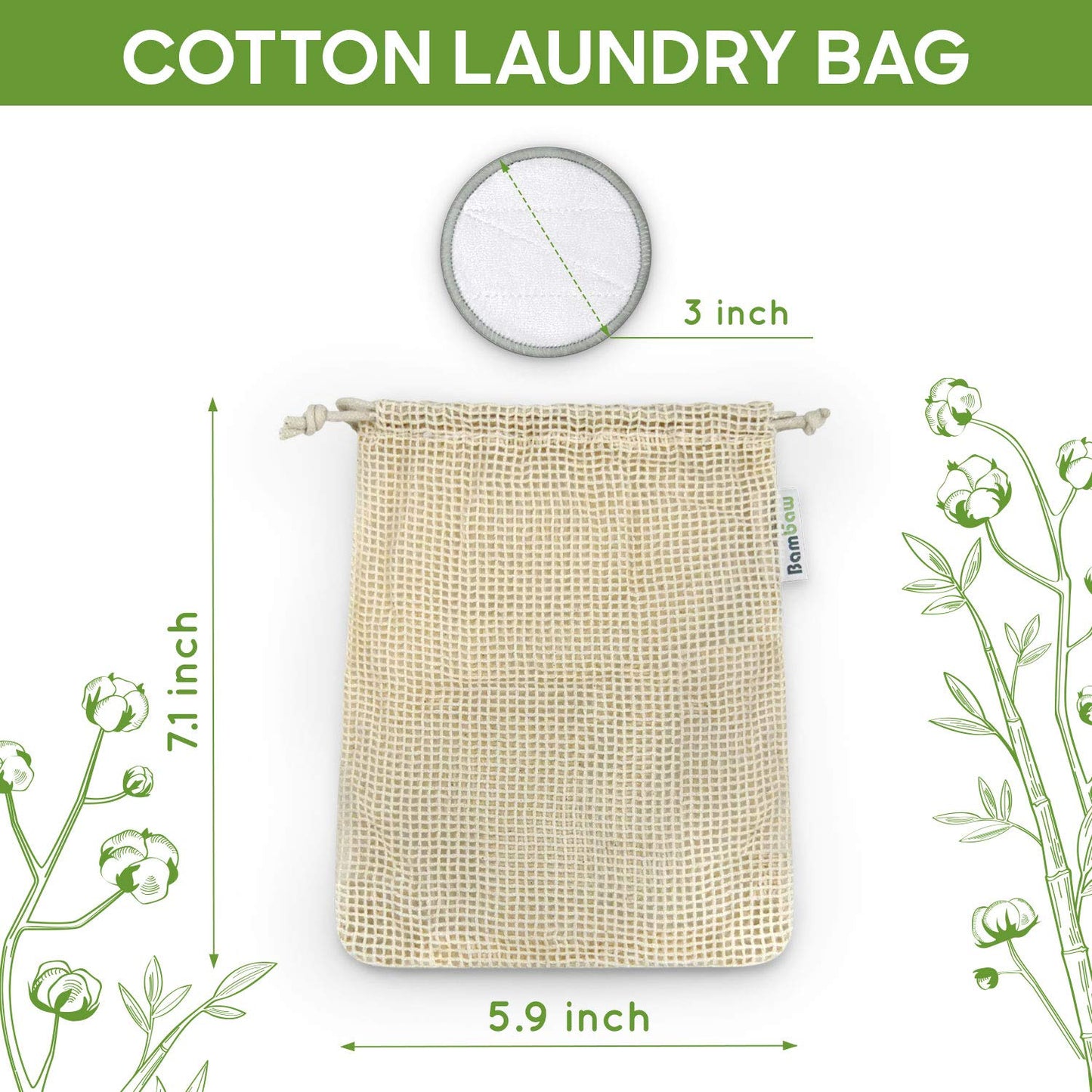 Bambaw Reusable Cotton Rounds for Face, 16 Rounds with 1 Bag for Laundry & Storage, Reusable Cotton Pads for Face, Soft & Exfoliating Eye Makeup Remover Pads
