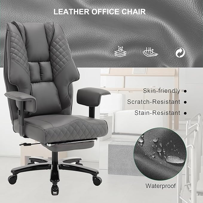 KCREAM 500lb Big and Tall Reclining Office Chair with Footrest, PU Leather Executive Computer Chair with Wheels Recliner Home Desk Chairs with Lumbar Support Swivel Task Chair for Heavy People,Grey