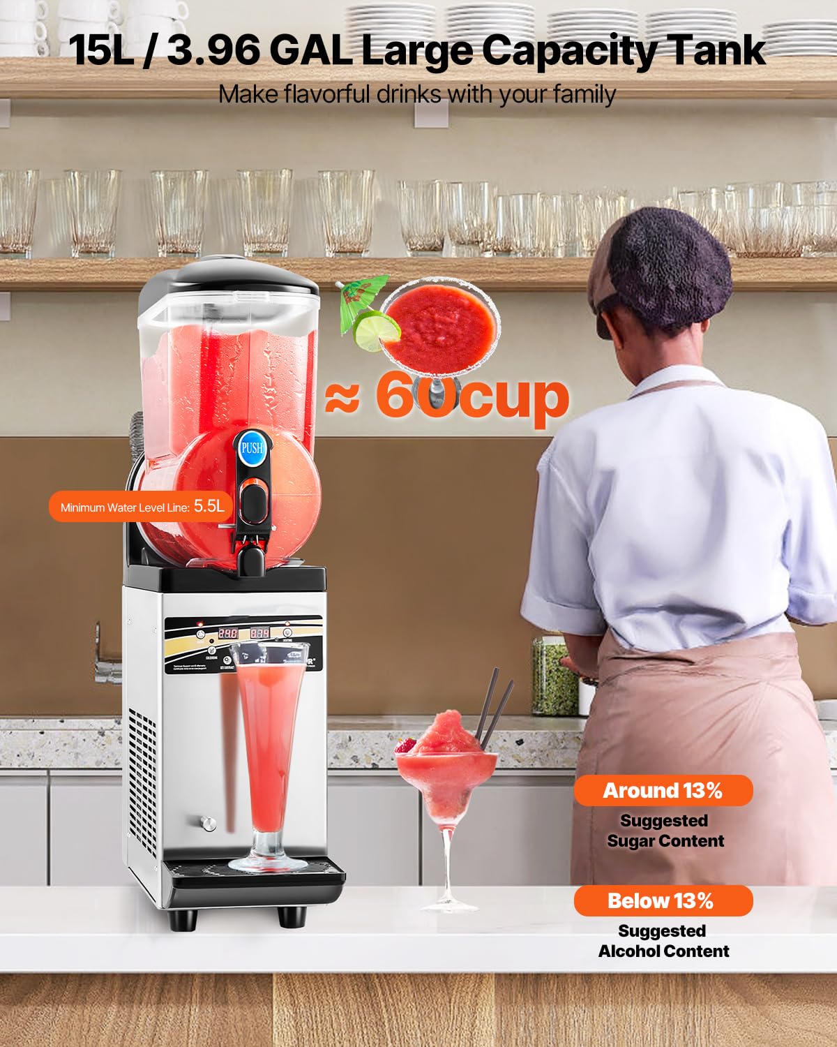 VEVOR Slushy Machine, 15L Single Tank Commercial Margarita Machine, 60 Cups Stainless Steel Margarita Smoothie Frozen Drink Machine, Slushie Machine for Home Party Restaurants Cafe Bars