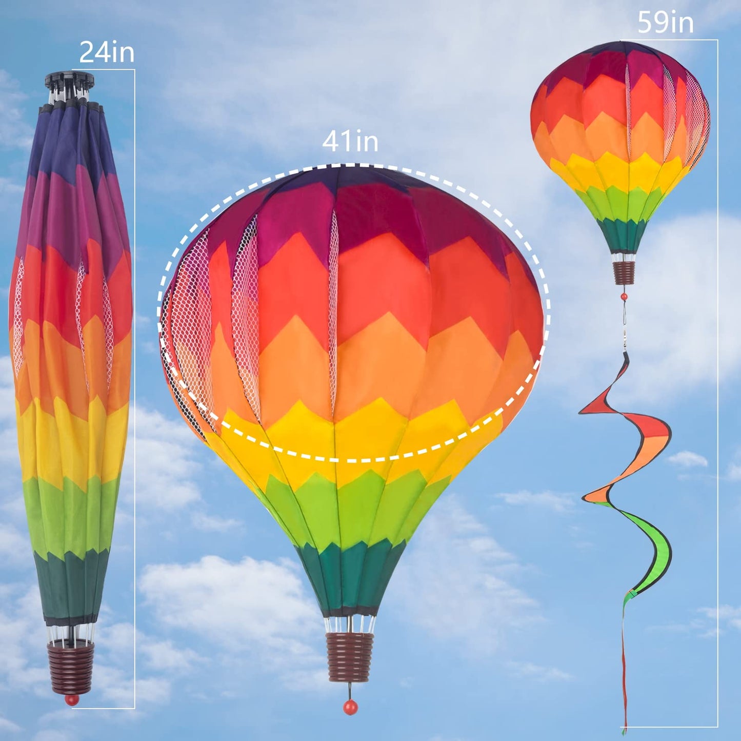 BusyLittleBee 2Pack Multicolor Hot Air Balloon Rainbow Wind Spinner Garden Decor, 59" H x 12" W, Nylon, UV & Weather Resistant, Fully Collapsible