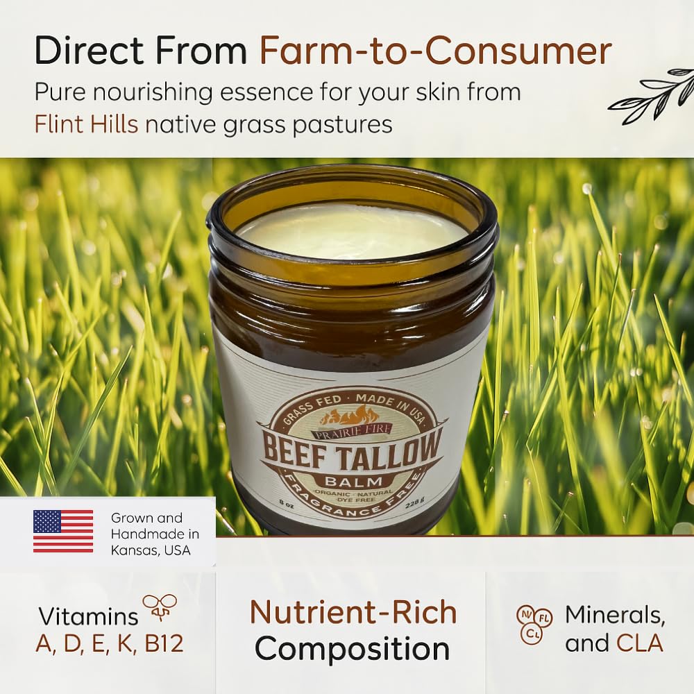 Prairie Fire Candles Beef Tallow Balm - 8 oz - Made in USA - Organic Grass Fed and Finished - Moisturizing Skin Care Tea Tree