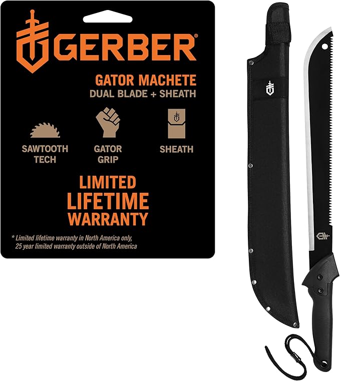 Gerber Gear Gator Machete 25" with Plain Edge Blade and Saw, Gator Grip and Protective Sheath for Gardening, Survival, Hun...