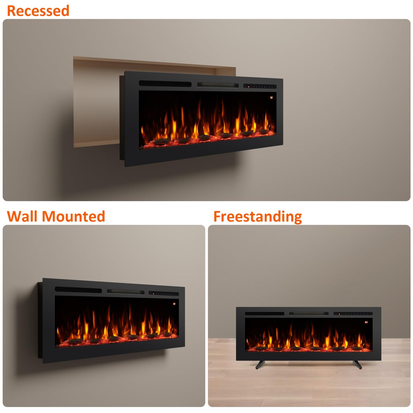 Rodalflame 48" Electric Fireplace Inserts, Adjustable Flame&Speed, Thermostat Heater, Recessed, Wall Mount, Freestanding, Brightness, Child Lock, Timer