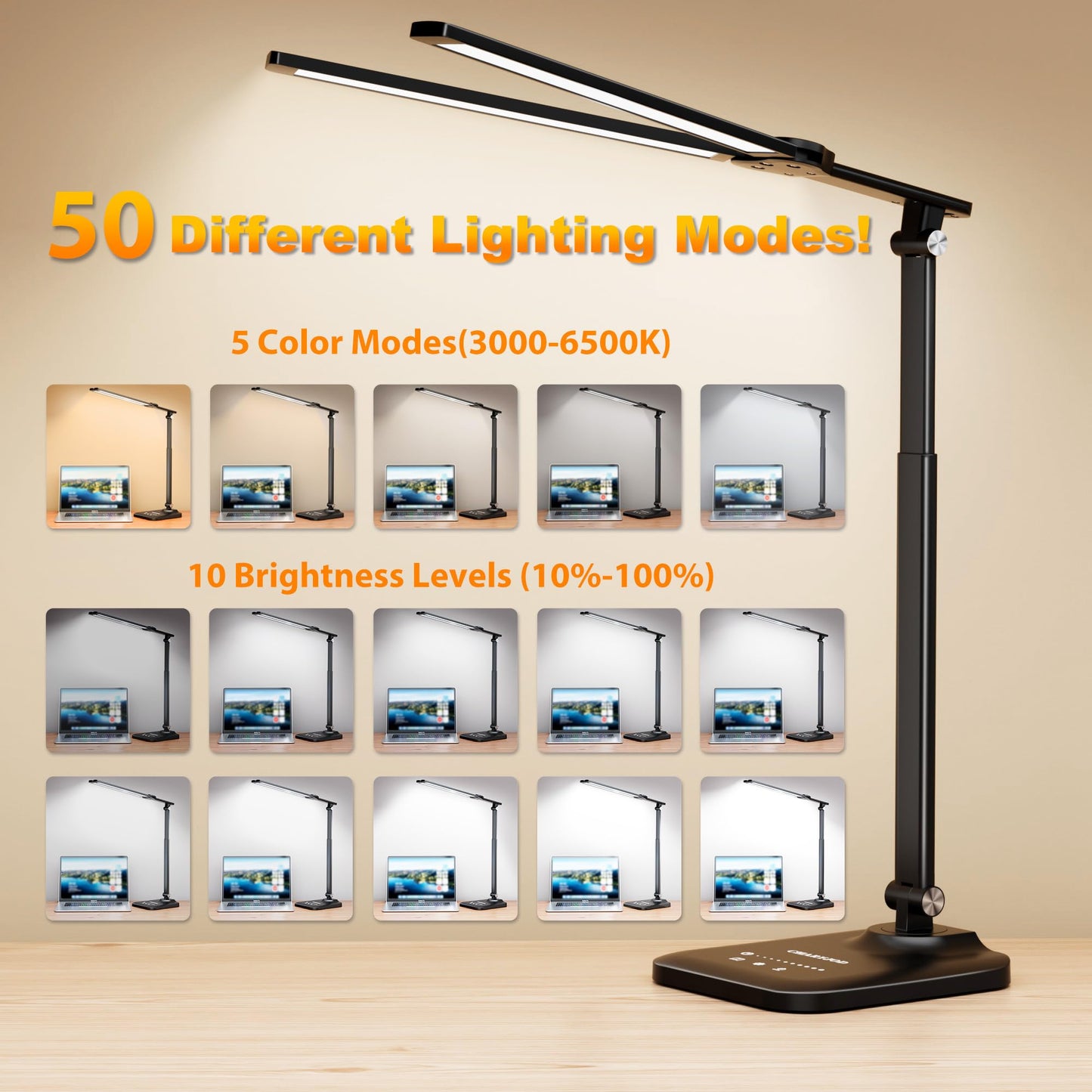 CHARYJOD LED Desk Lamp for Office Home, Height Adjustable Architect Desk Light with USB Adapter, Stepless Dimming Table Lamp Light for Reading, Study, Workbench